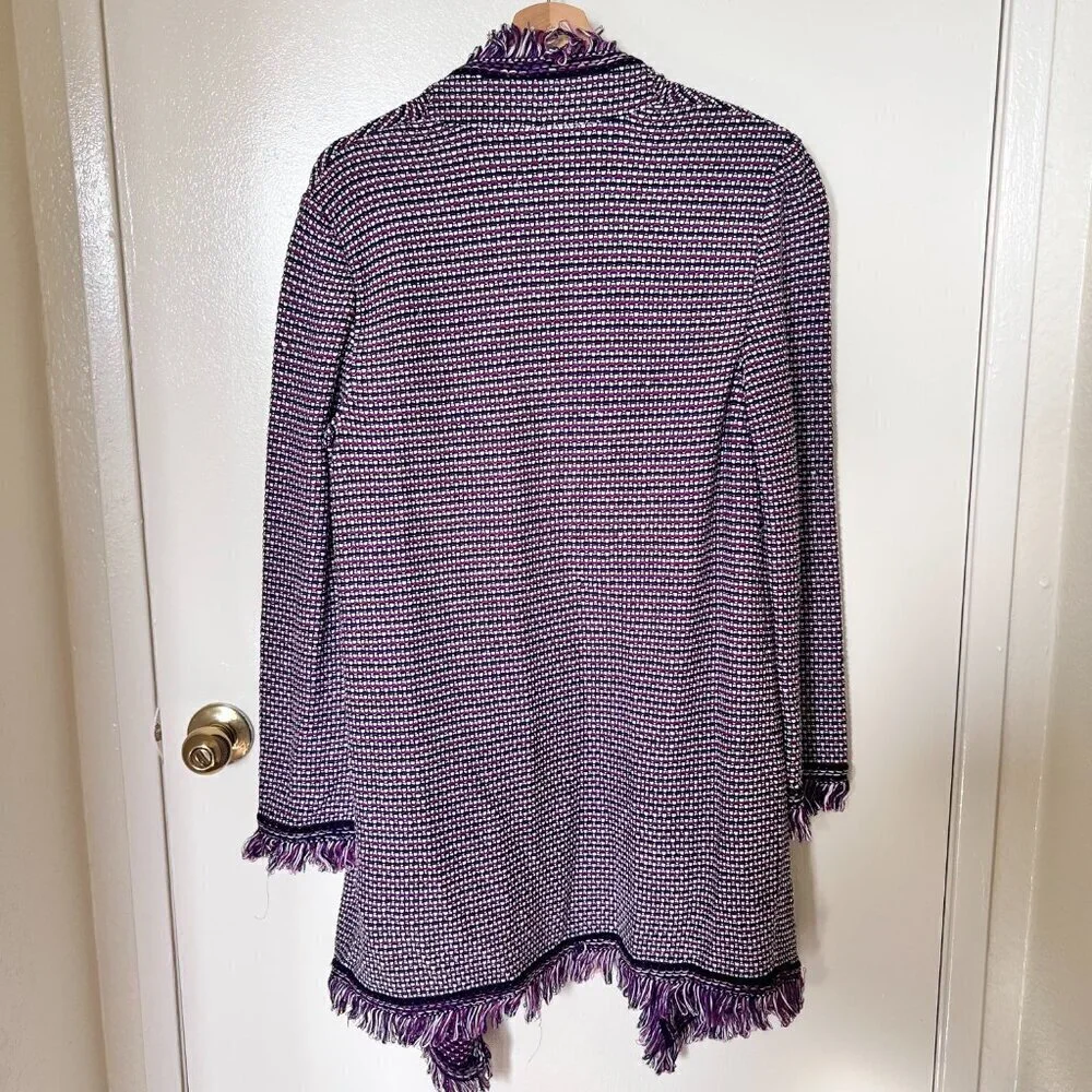 NWT St. John Fiore Knit Coat Open Waterfall Fringe Wool Blend Cardigan Purple M